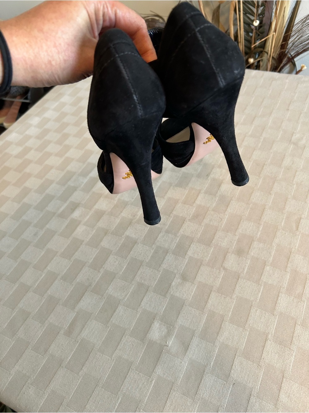 Prada Suede Cut Out Peep Toe Heeled Booties - Picture 14 of 15